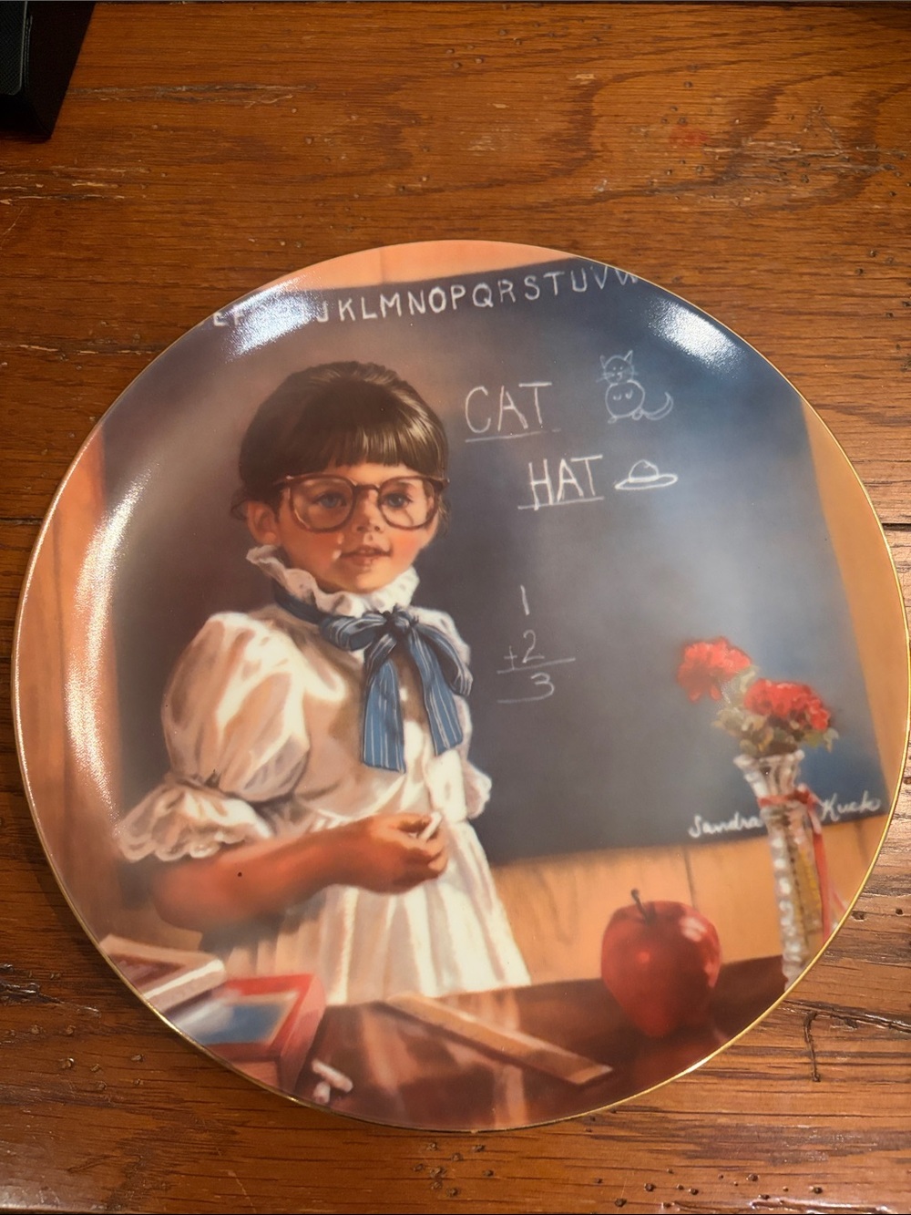 Decorative Kids Plate with Schoolgirl Illustration - Blue Accents